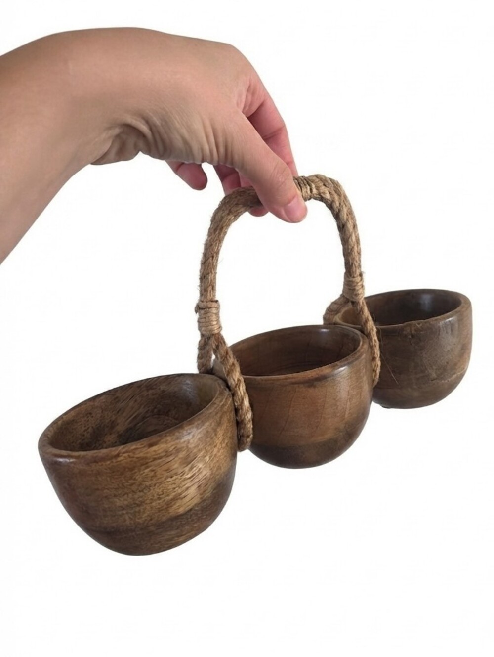 Mud Pie Wood Triple Serving Bowls Caddy with Rope Handle Farmhouse Rustic Condim